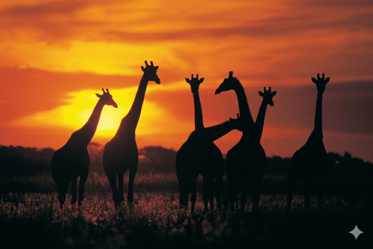 Silhouettes of giraffes walking across the savannah at sunset.